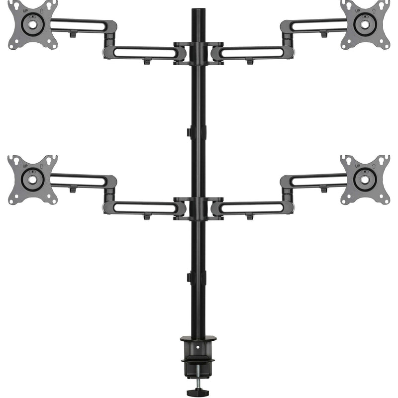 Side profile of Tripp Lite quad-monitor mount highlighting cable management system and sturdy desk clamp mechanism