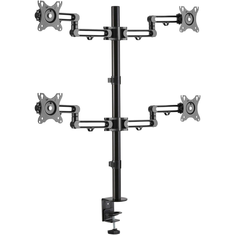 Front view of Tripp Lite quad-monitor mount showing vertical arrangement with four VESA-compatible monitor brackets and desk clamp base