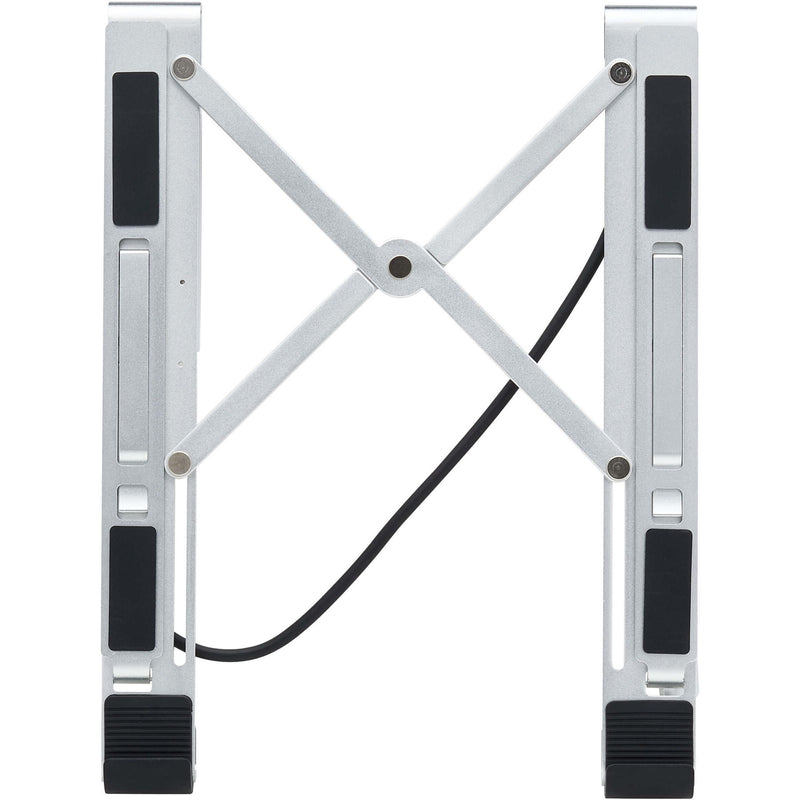 Close-up view of Tripp Lite laptop stand's X-frame mechanism and joints