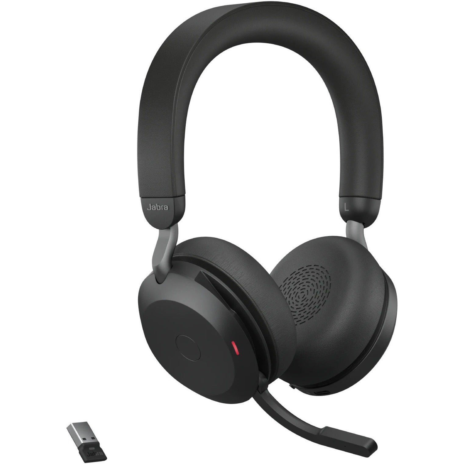 Side view of Jabra Evolve2 75 wireless headset with boom microphone and USB adapter-alternate-image1