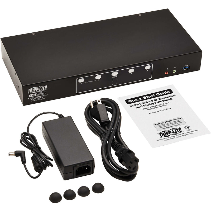 Product package contents including KVM switch, power supply, cables, and documentation