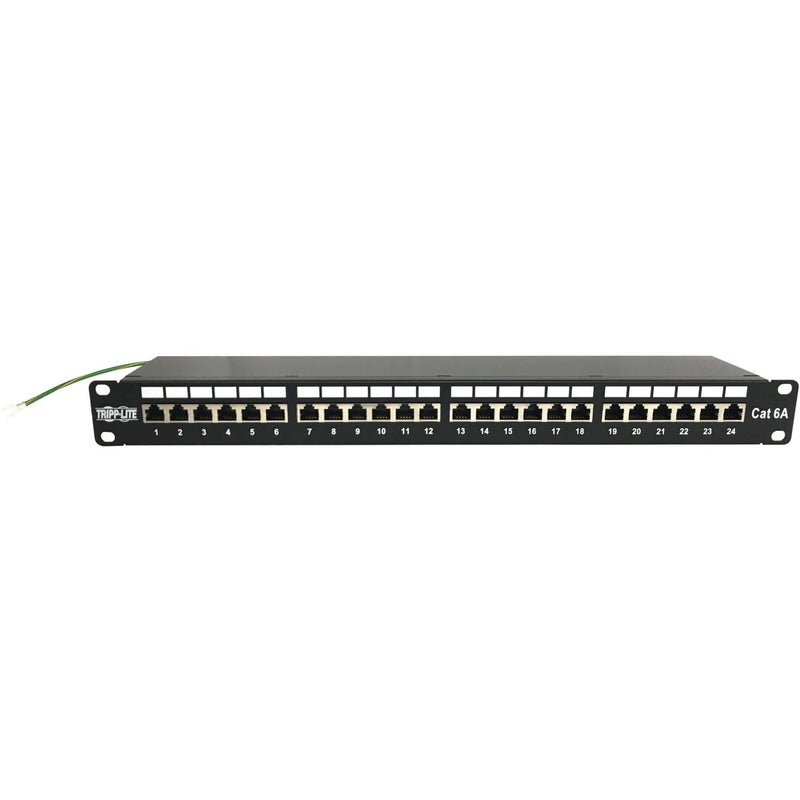 Side view of Cat6a patch panel showing integrated grounding wire connection