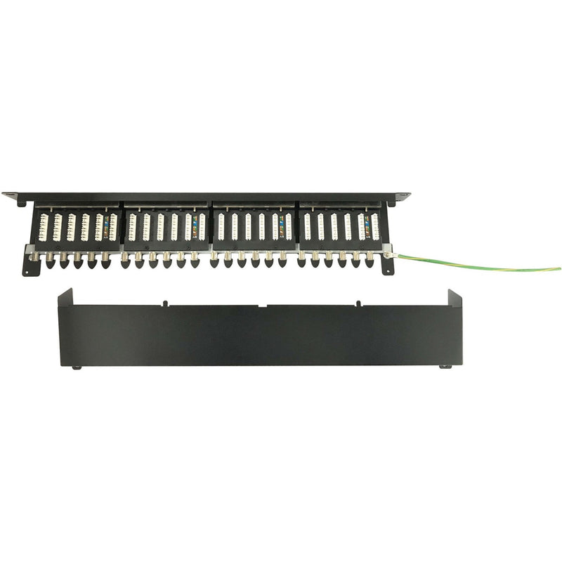 Exploded view of Cat6a patch panel showing internal components and removable cover