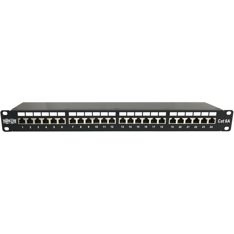 Angular view of 24-port Cat6a patch panel showing port layout and construction