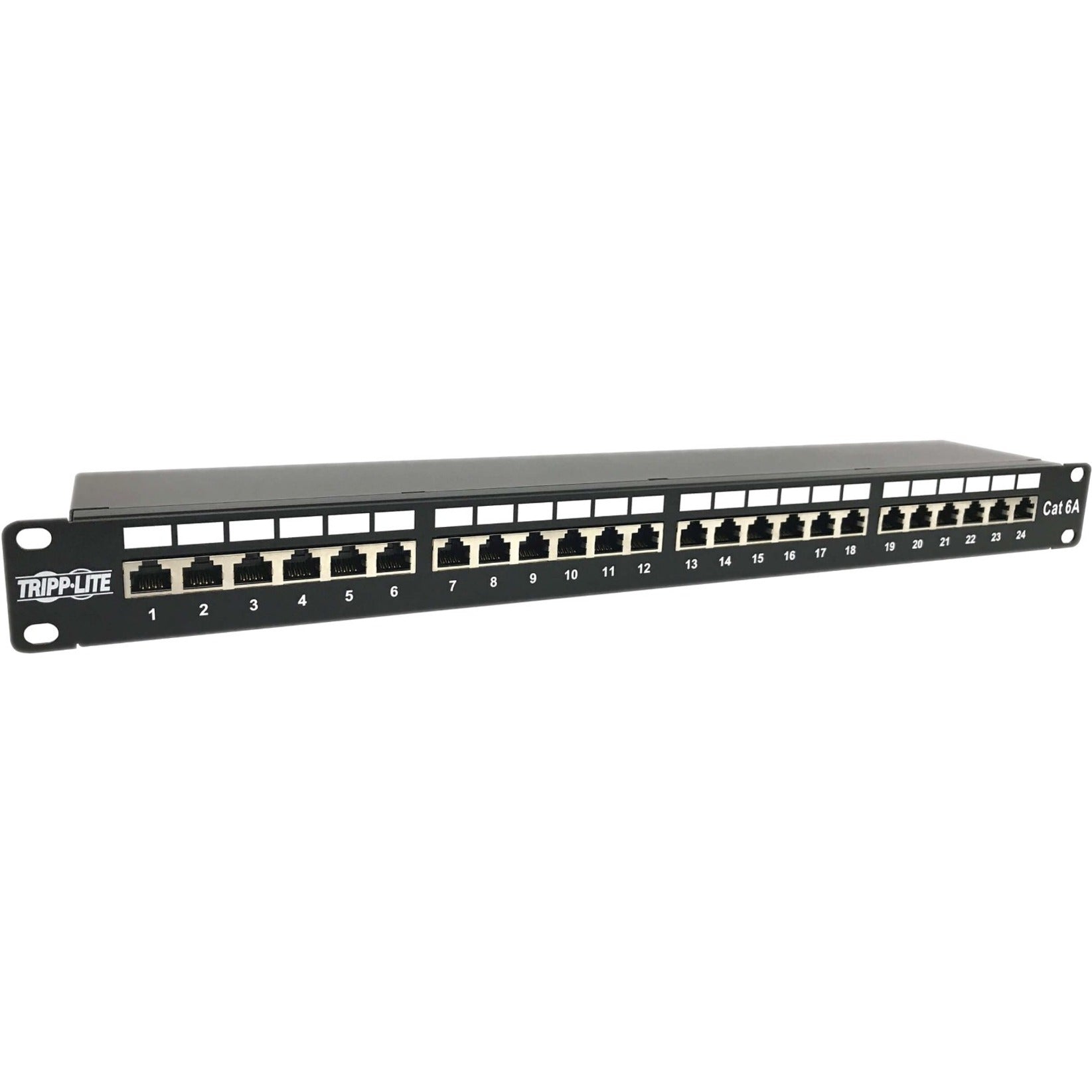 Front view of Tripp Lite 24-port Cat6a shielded patch panel showing numbered RJ45 ports-alternate-image1