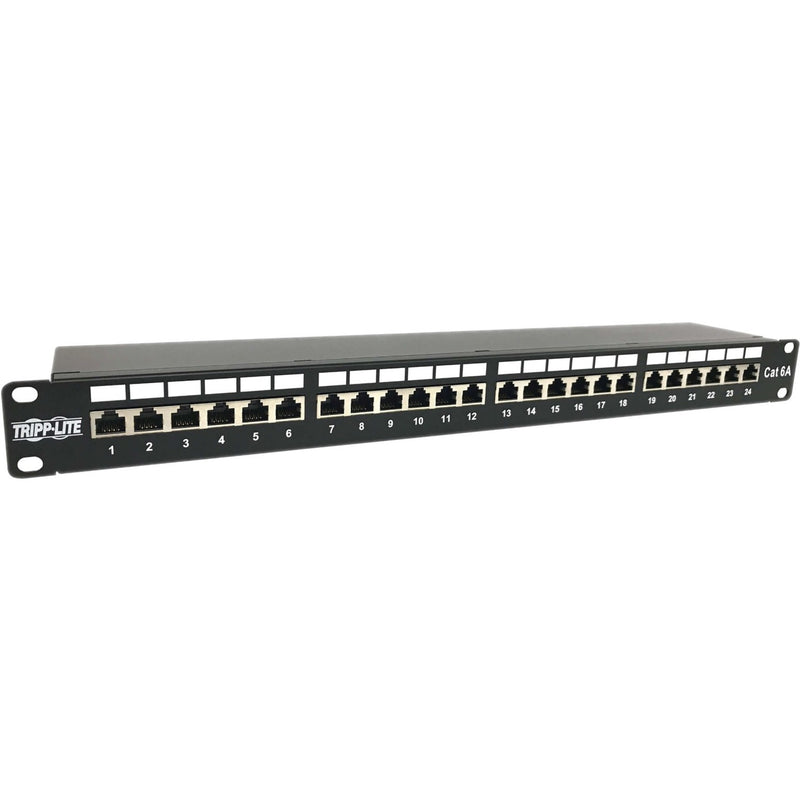 Front view of Tripp Lite 24-port Cat6a shielded patch panel showing numbered RJ45 ports