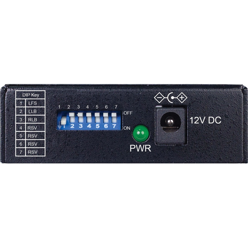 Top view of media converter showing DIP switch configuration panel and power input