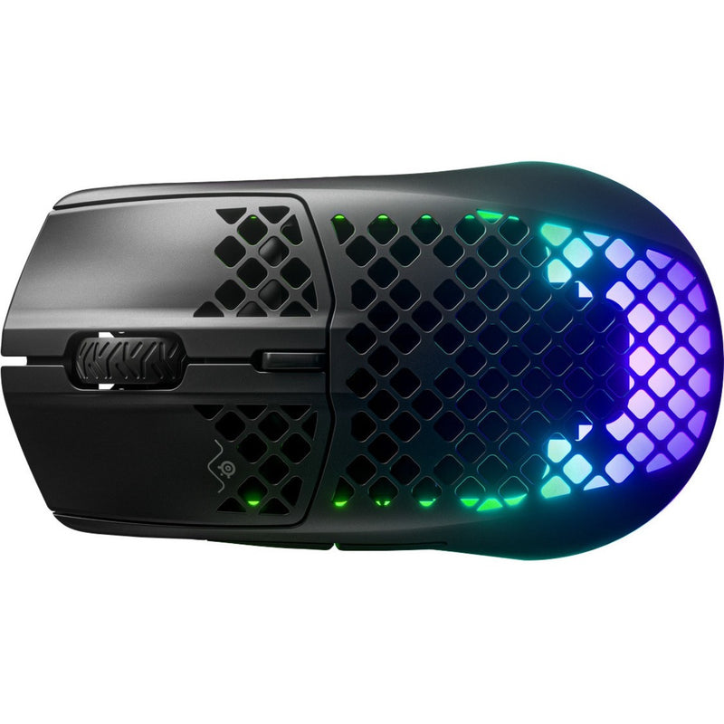 SteelSeries Aerox 3 Wireless gaming mouse with RGB lighting and honeycomb design, top view