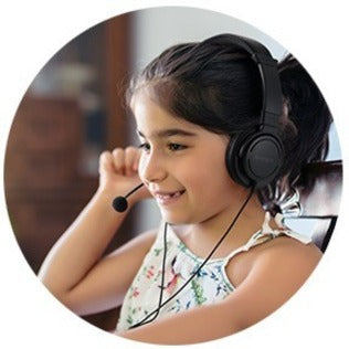 Close-up of student using Kensington headset for online learning