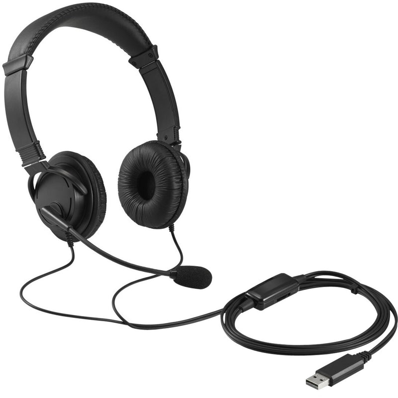 Kensington Classic USB Headset with boom microphone and inline volume control shown in profile view