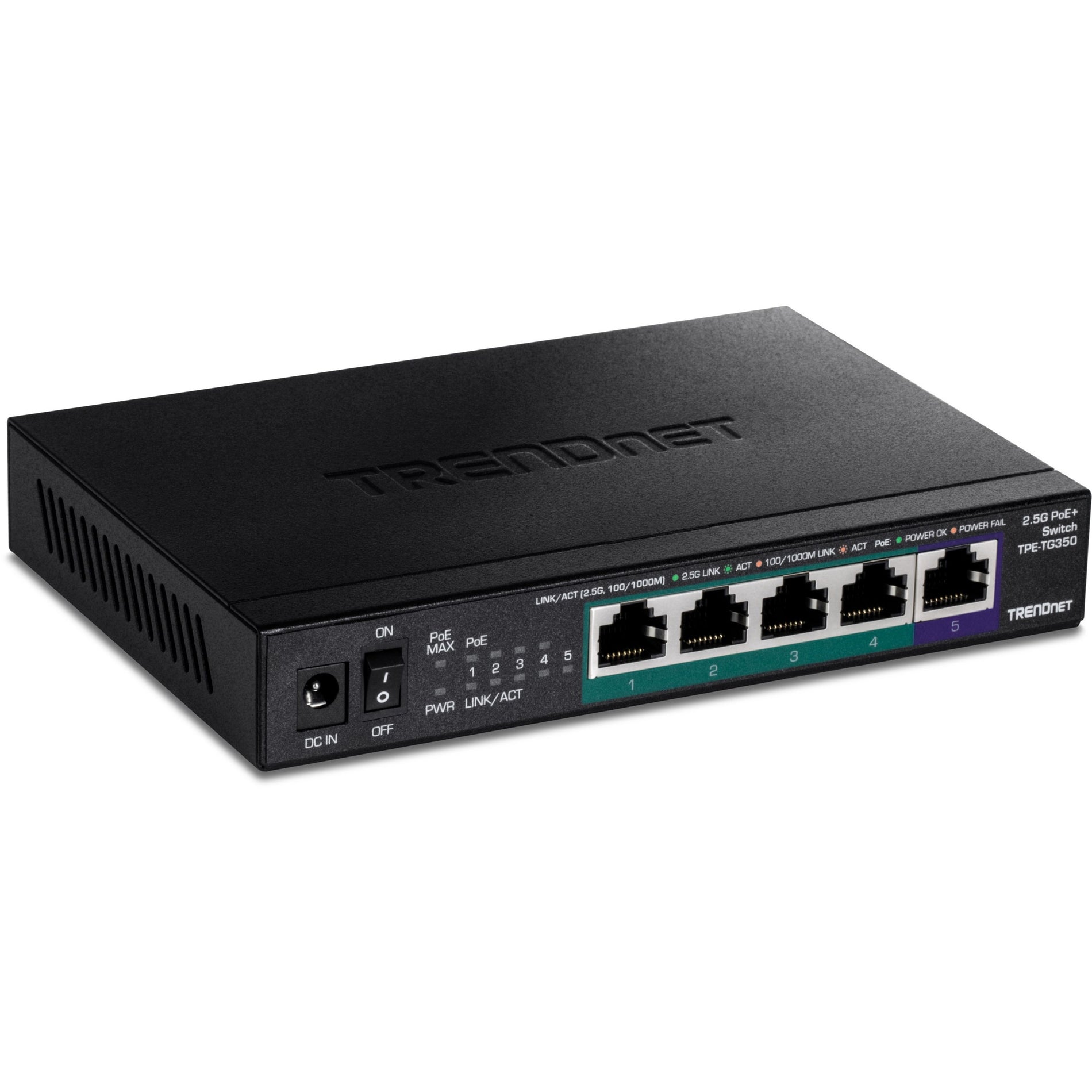 TRENDnet 5-Port Unmanaged 2.5G PoE+ Switch, Fanless, Compact Desktop Design, Metal Housing, 2.5GBASE-T Ports, IEEE 802.3bz, 55W PoE Budget, Life protection, Black, TPE-TG350 (TPE-TG350) Main image