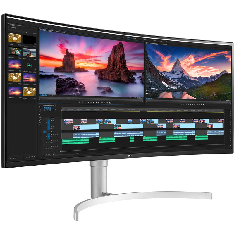 Angled view of LG ultrawide monitor showing HDR content and editing interface