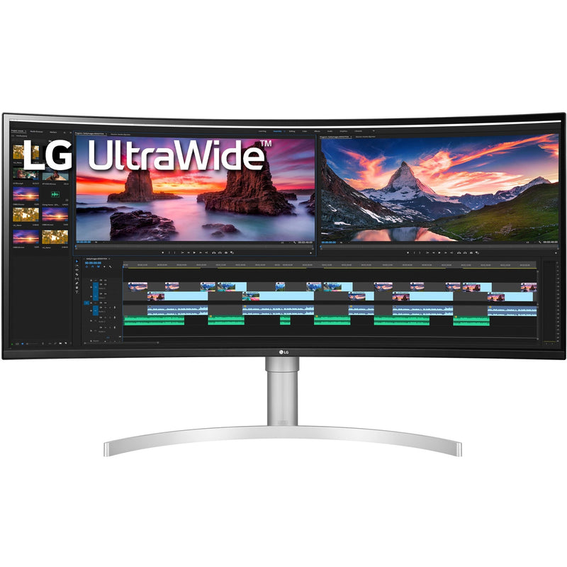 LG 38-inch ultrawide monitor displaying video editing software with dual preview windows and timeline