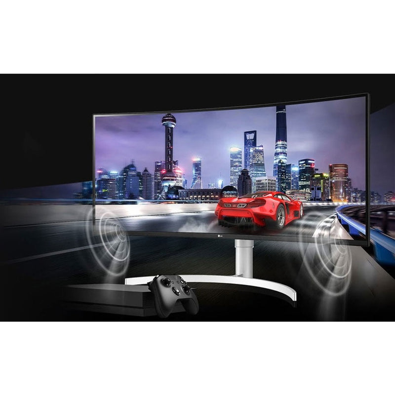 Gaming scene displayed on LG ultrawide monitor with sync technology visualization