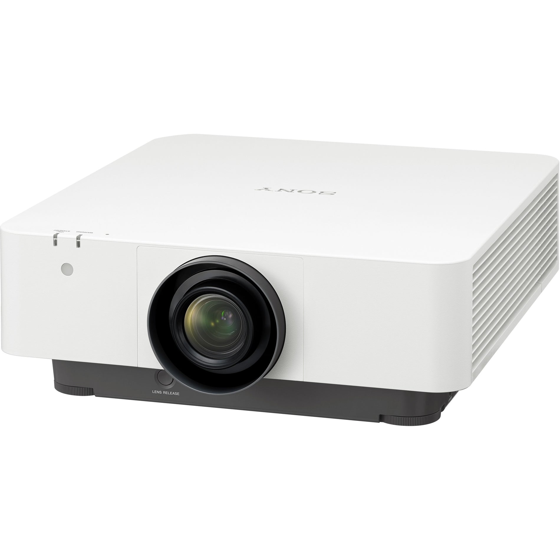 Front angled view of white Sony VPL-FHZ80 laser projector showing lens and ventilation design-alternate-image1