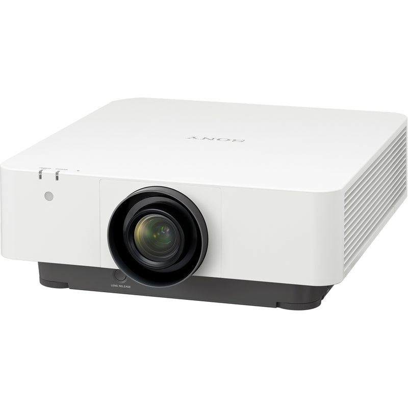 Front angled view of white Sony VPL-FHZ80 laser projector showing lens and ventilation design