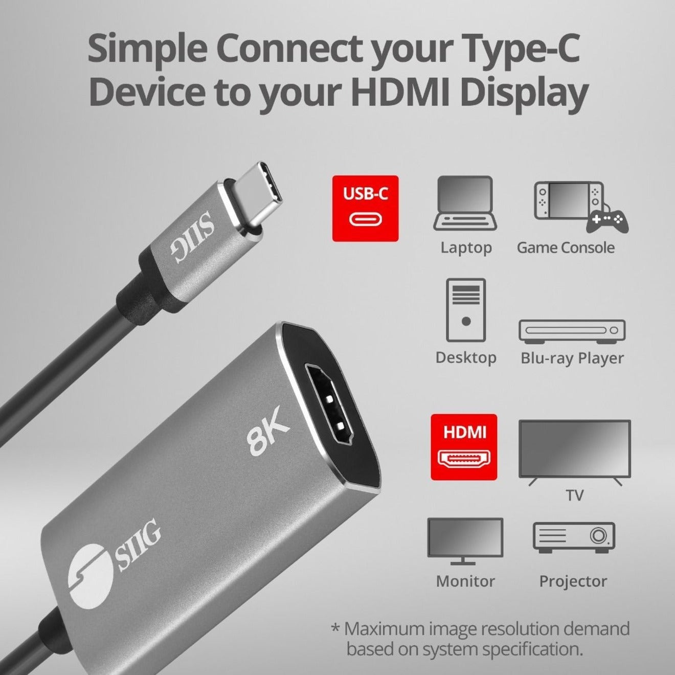 SIIG CB-TC0L11-S1 USB-C to HDMI Adapter - 8K, Reversible, Plug and Play, Space Gray