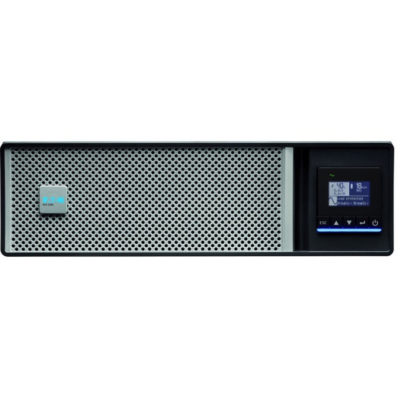 Front view of Eaton 5PX G2 UPS showing LCD display panel and perforated ventilation grill design