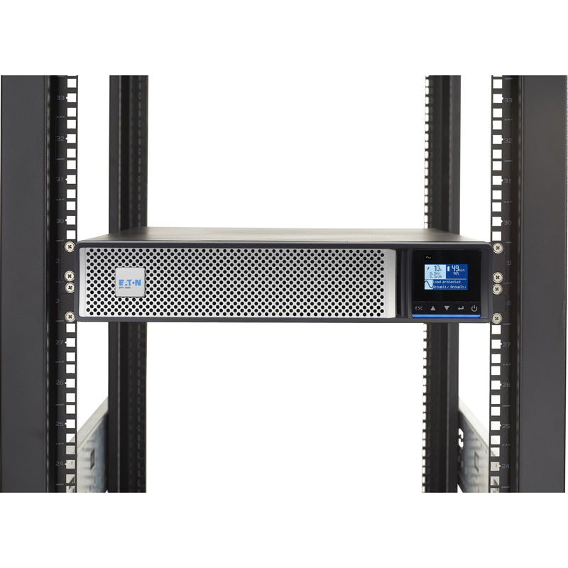 Rack-mounted view of Eaton 5PX G2 UPS showing rail kit installation and rack integration