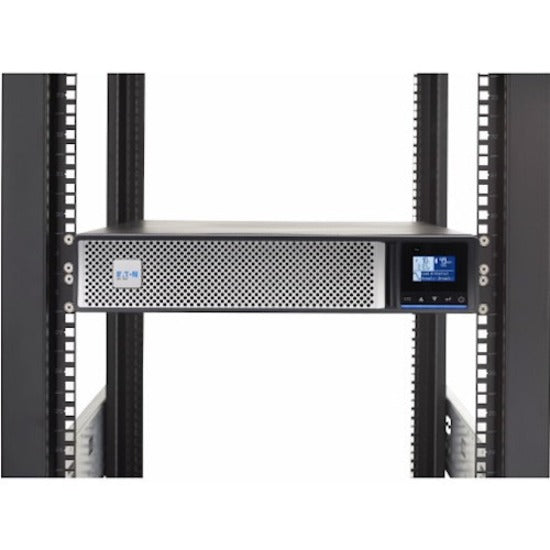 Eaton 5PX G2 UPS showing rack mount configuration with LCD display and mesh ventilation panel