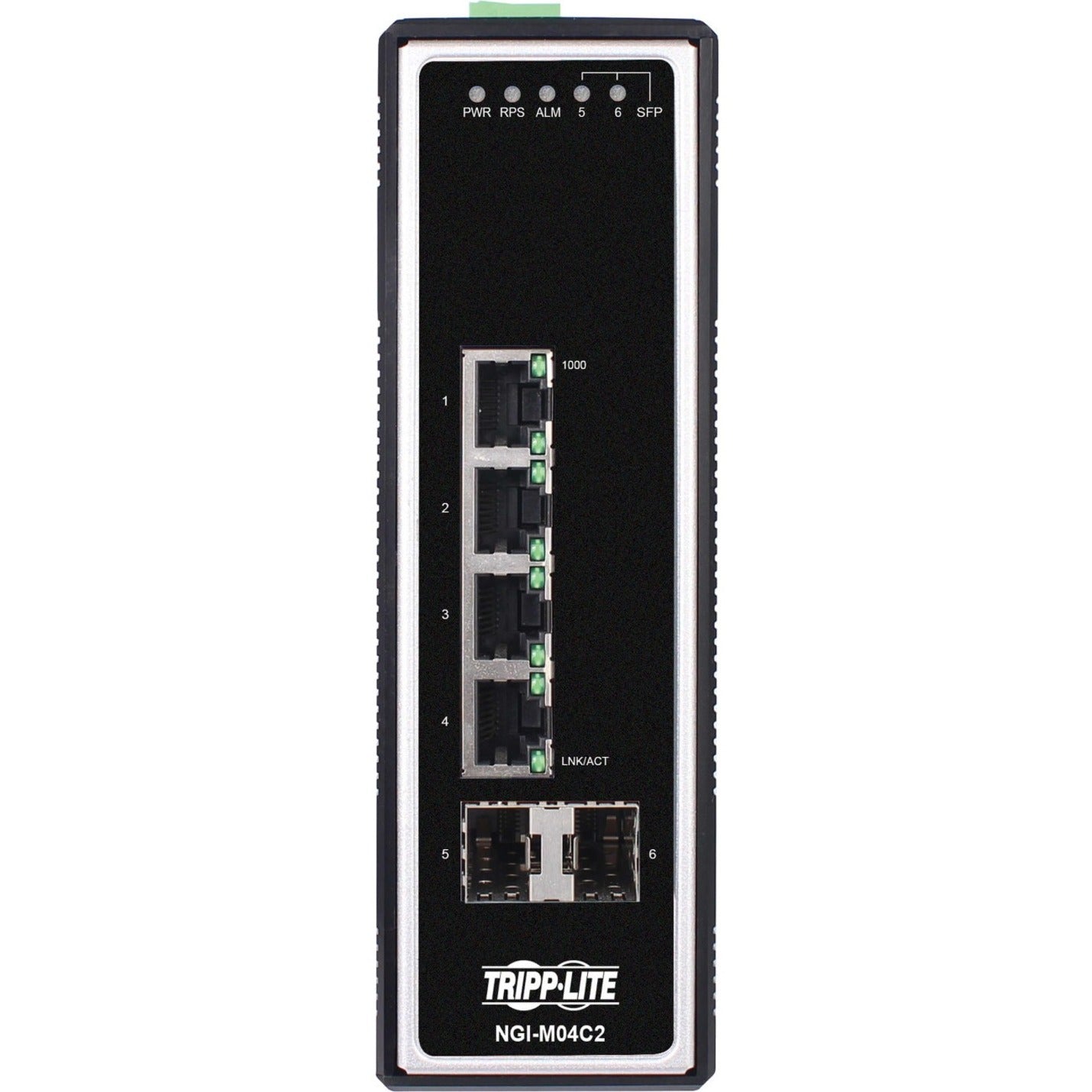 Front view of Tripp Lite NGI-M04C2 managed switch showing 4 Gigabit Ethernet ports, 2 SFP slots, and status LED indicators-alternate-image1