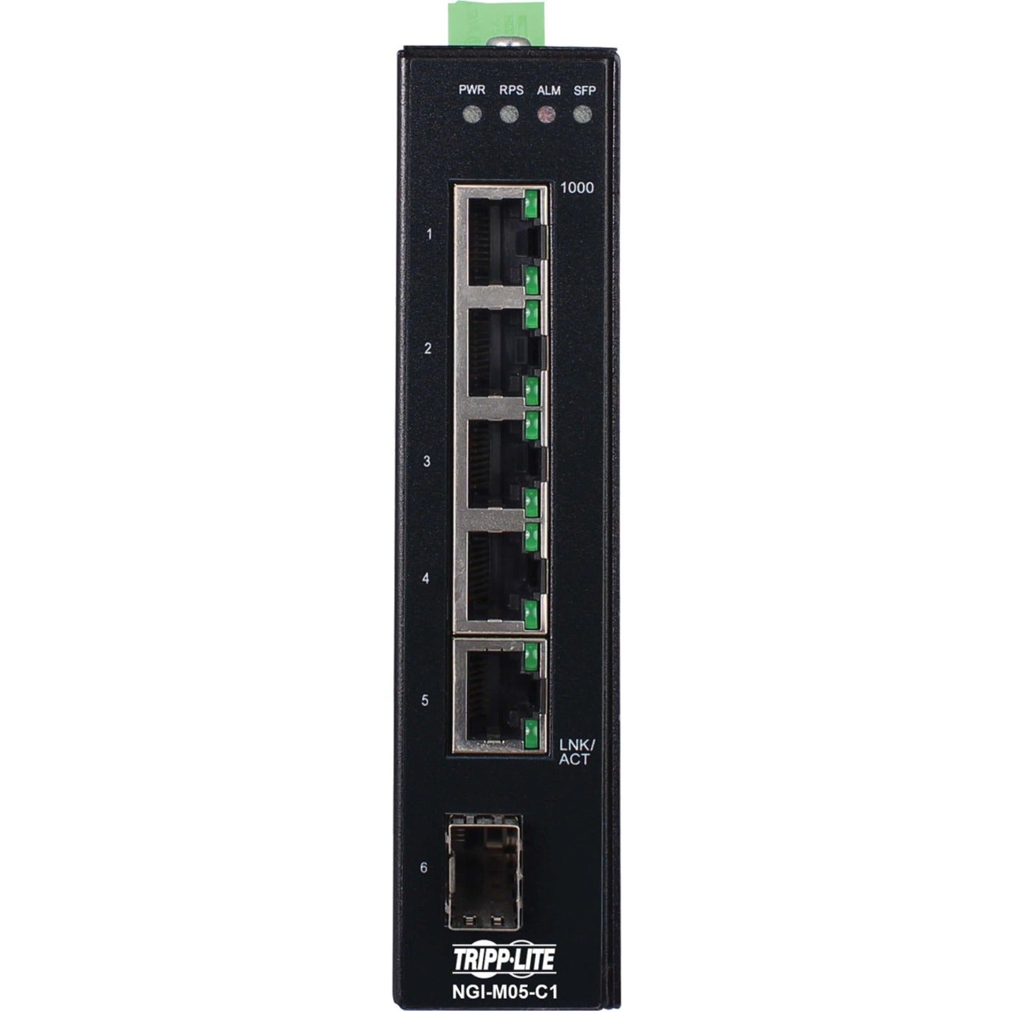 Front view of Tripp Lite NGI-M05-C1 industrial ethernet switch showing 5 Gigabit ports and status LED indicators-alternate-image1