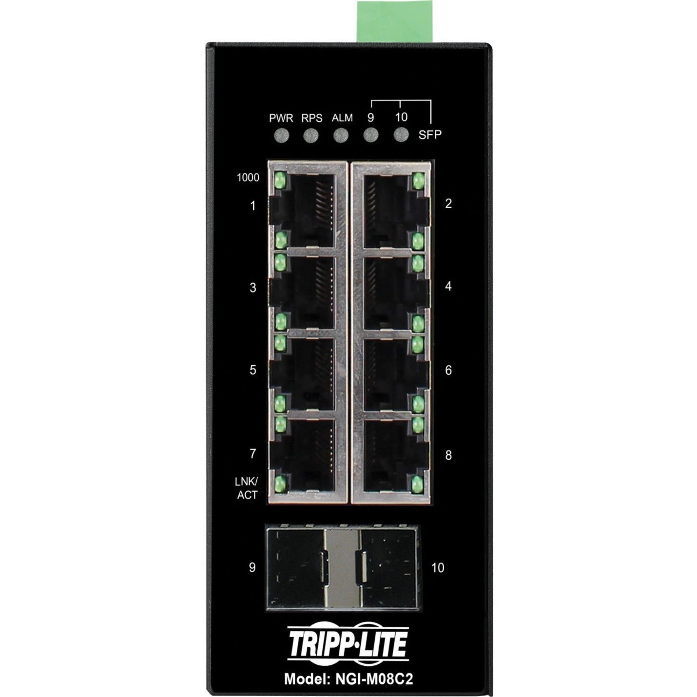 Front view of Tripp Lite NGI-M08C2 managed switch showing 8 Gigabit Ethernet ports and 2 SFP uplink ports with status LEDs-alternate-image1