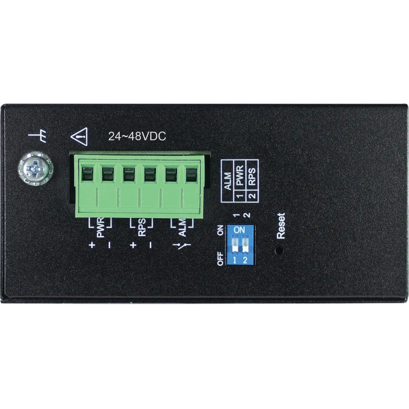 Power terminal block interface of NGI-M08C2 switch showing dual power inputs and alarm contacts-alternate-image3