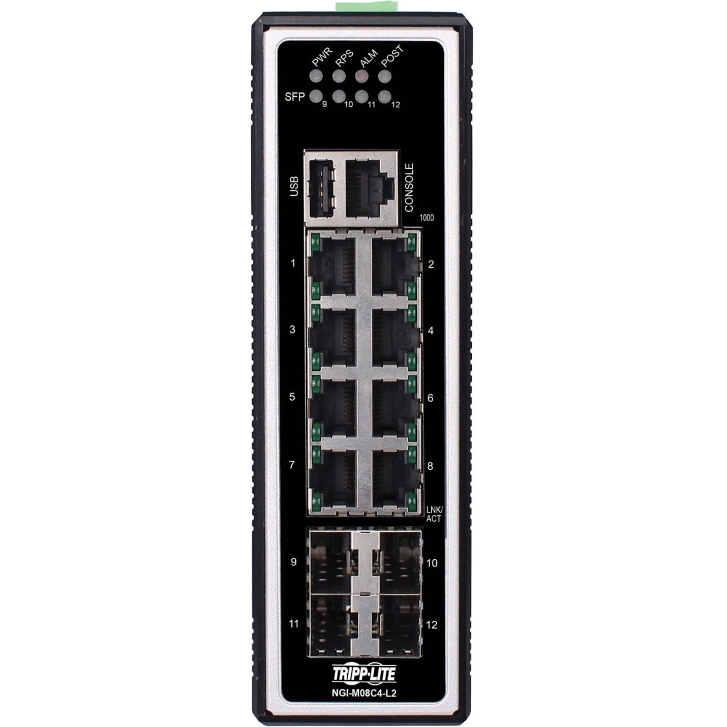 Front view of Tripp Lite NGI-M08C4-L2 managed switch showing 8 Ethernet ports, 4 SFP slots, status LEDs, and management interfaces-alternate-image1