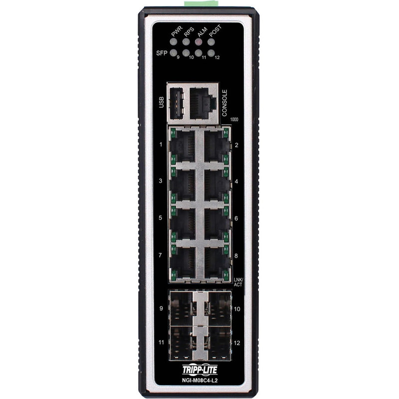 Front view of Tripp Lite NGI-M08C4-L2 managed switch showing 8 Ethernet ports, 4 SFP slots, status LEDs, and management interfaces