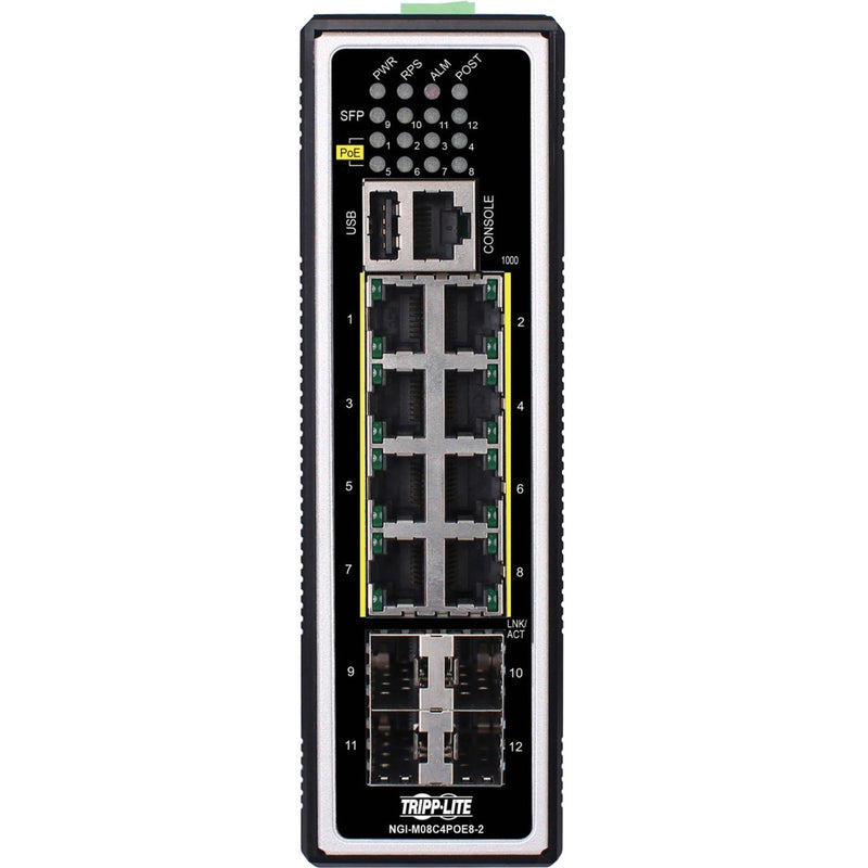 Front view of Tripp Lite NGI-M08C4POE8-2 switch showing 8 PoE+ ports, 4 SFP slots, LED indicators, and management ports