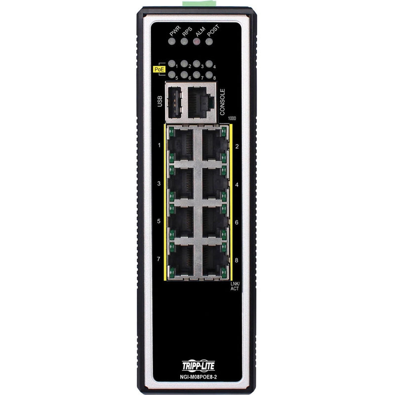 Front view of Tripp Lite NGI-M08POE8-L2 switch showing 8 Gigabit Ethernet ports, status LEDs, and management interfaces