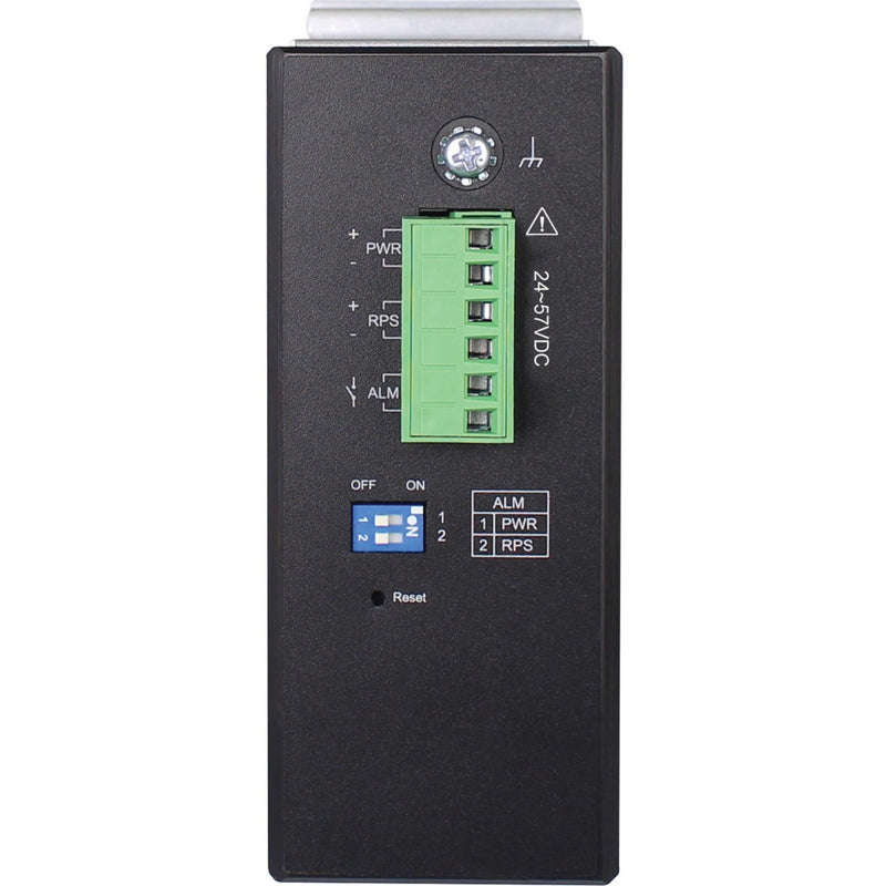 Power management interface of NGI-M08POE8-L2 showing terminal block, LED indicators, and control switches