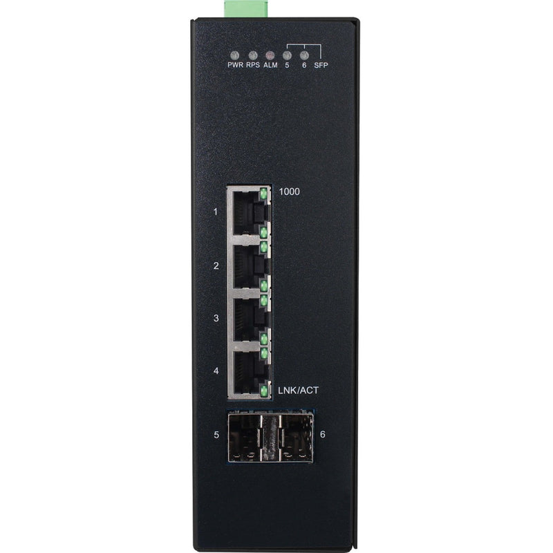 Front view of NGI-S04C2 Ethernet switch showing four Gigabit ports, two SFP slots, and LED status indicators