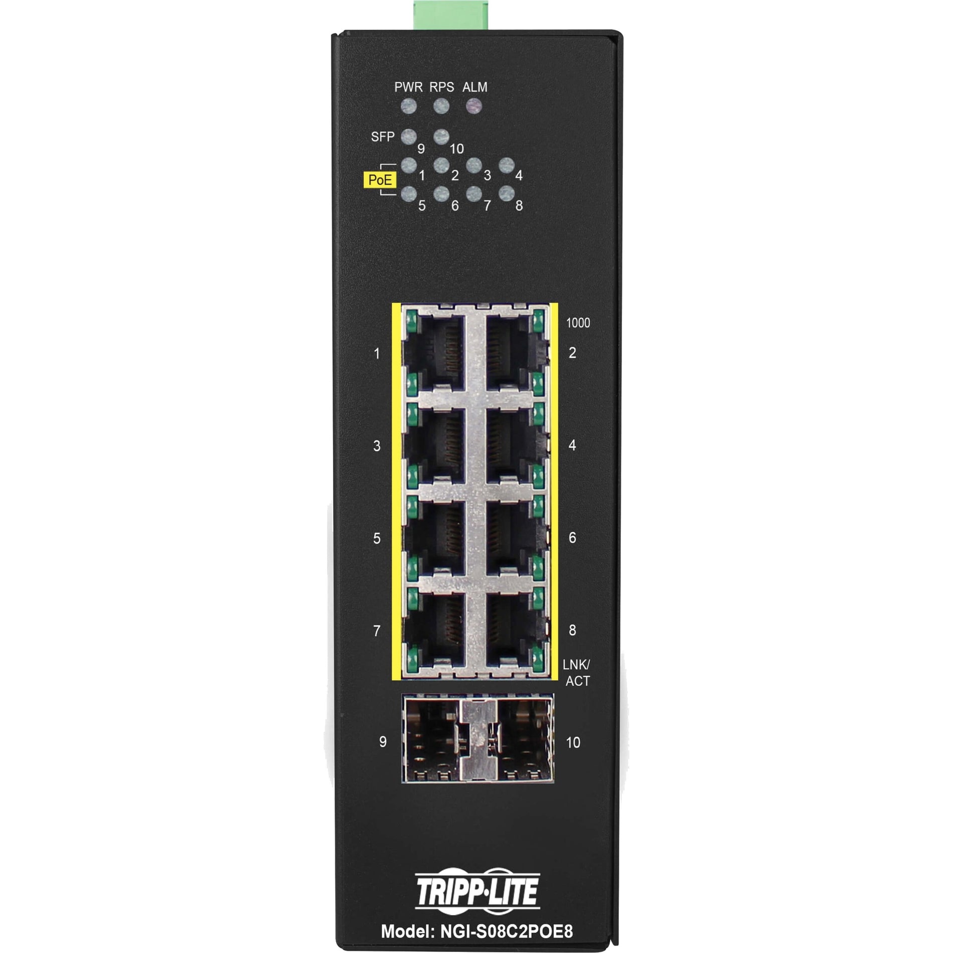 Front view of Tripp Lite NGI-S08C2POE8 switch showing eight PoE+ ports, two SFP uplink ports, and LED status indicators-alternate-image1