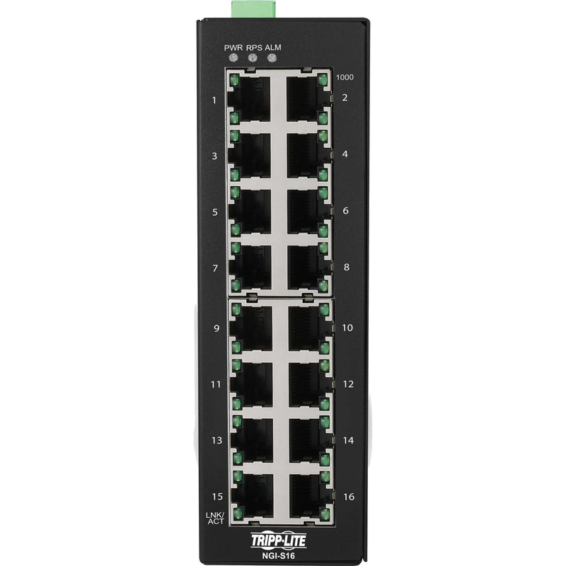 Front view of Tripp Lite NGI-S16 switch showing 16 numbered Gigabit Ethernet ports with status LEDs