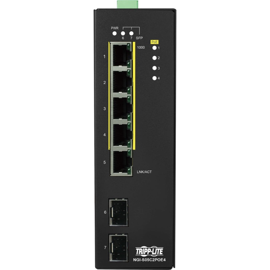 Front view of Tripp Lite NGI-S05C2POE4 switch showing 5 Ethernet ports, LED indicators, and dual SFP uplink ports-alternate-image1