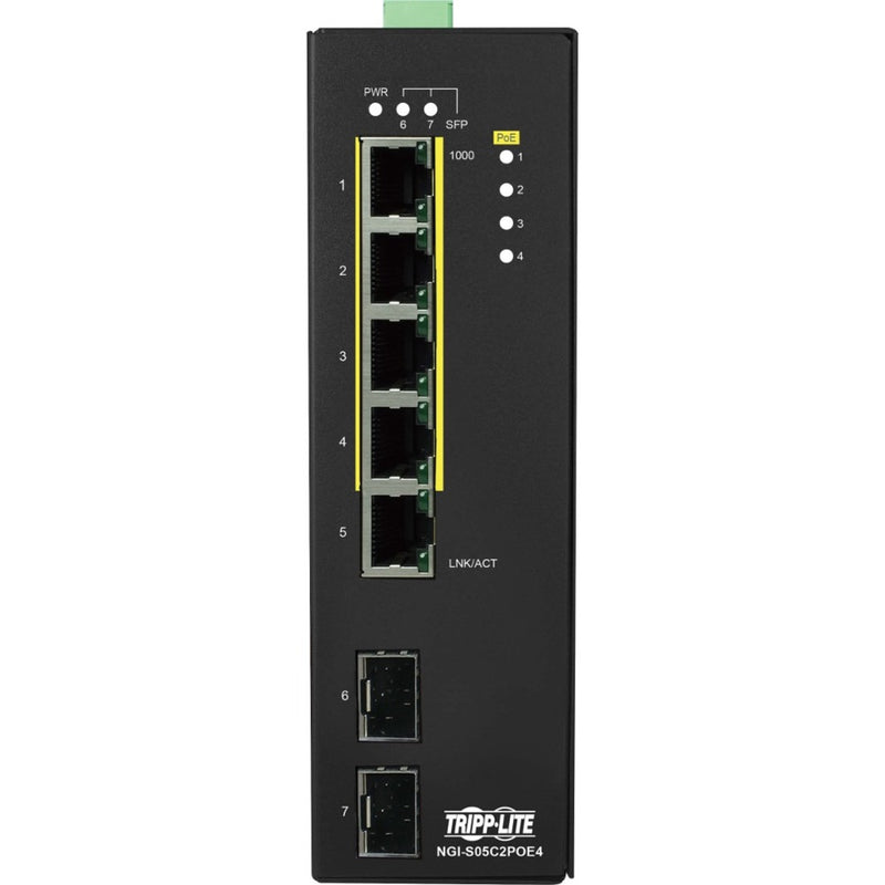 Front view of Tripp Lite NGI-S05C2POE4 switch showing 5 Ethernet ports, LED indicators, and dual SFP uplink ports