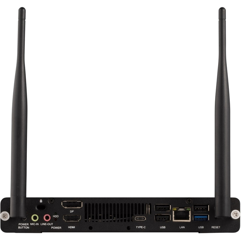 Front I/O panel of ViewSonic VPC2C-W33-O1-1B showing multiple ports including HDMI, USB, audio, and network connections