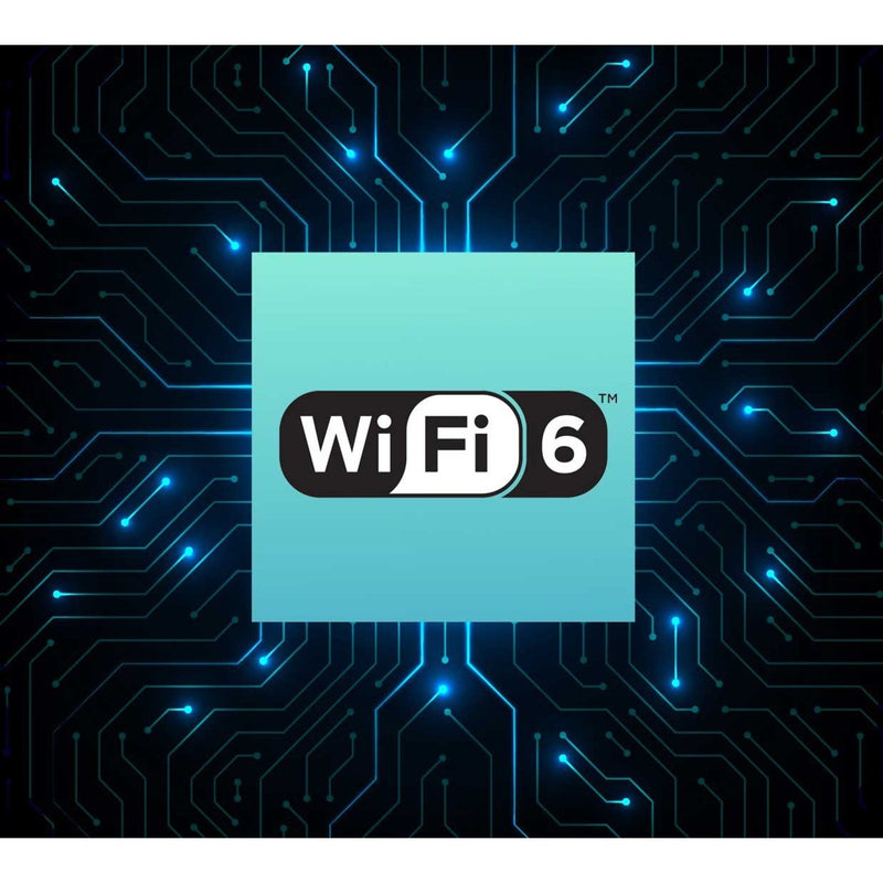 WiFi 6 logo with circuit board background representing advanced wireless connectivity