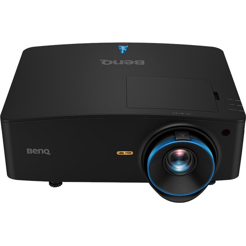 Top view of BenQ LK936ST 4K laser projector showing blue-accented lens and premium black finish