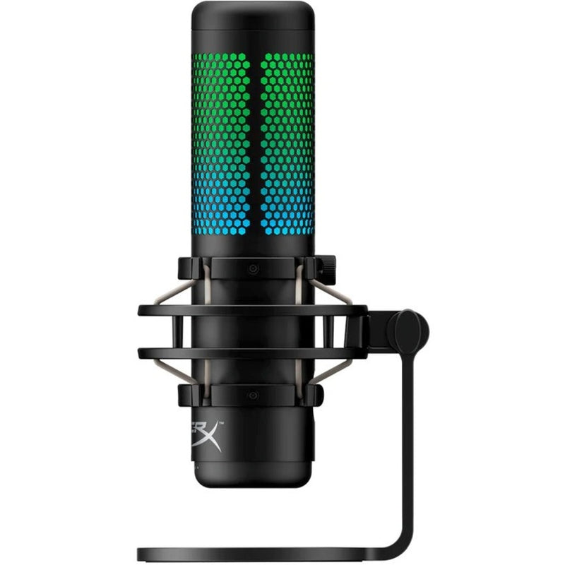 HyperX QuadCast S microphone showing shock mount system and green-blue RGB lighting