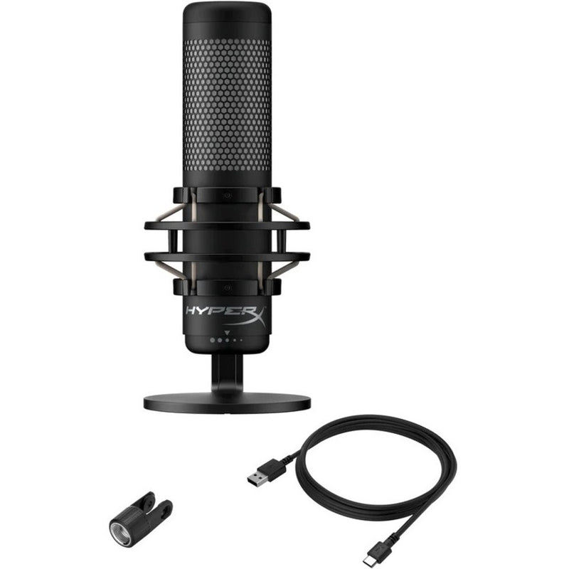 HyperX QuadCast S microphone with included accessories - USB cable and mount adapter