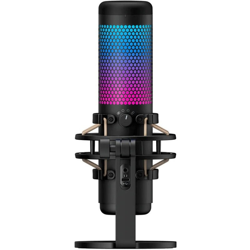 Front view of HyperX QuadCast S microphone showing pattern selection dial and blue-purple RGB lighting