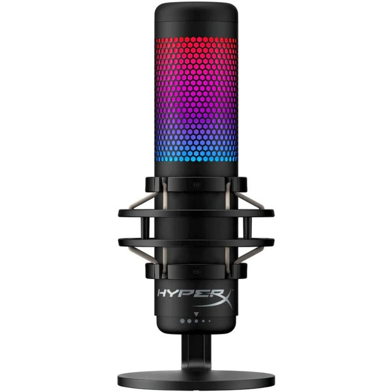 HyperX QuadCast S USB microphone displaying dynamic RGB lighting pattern in red, purple, and blue gradient