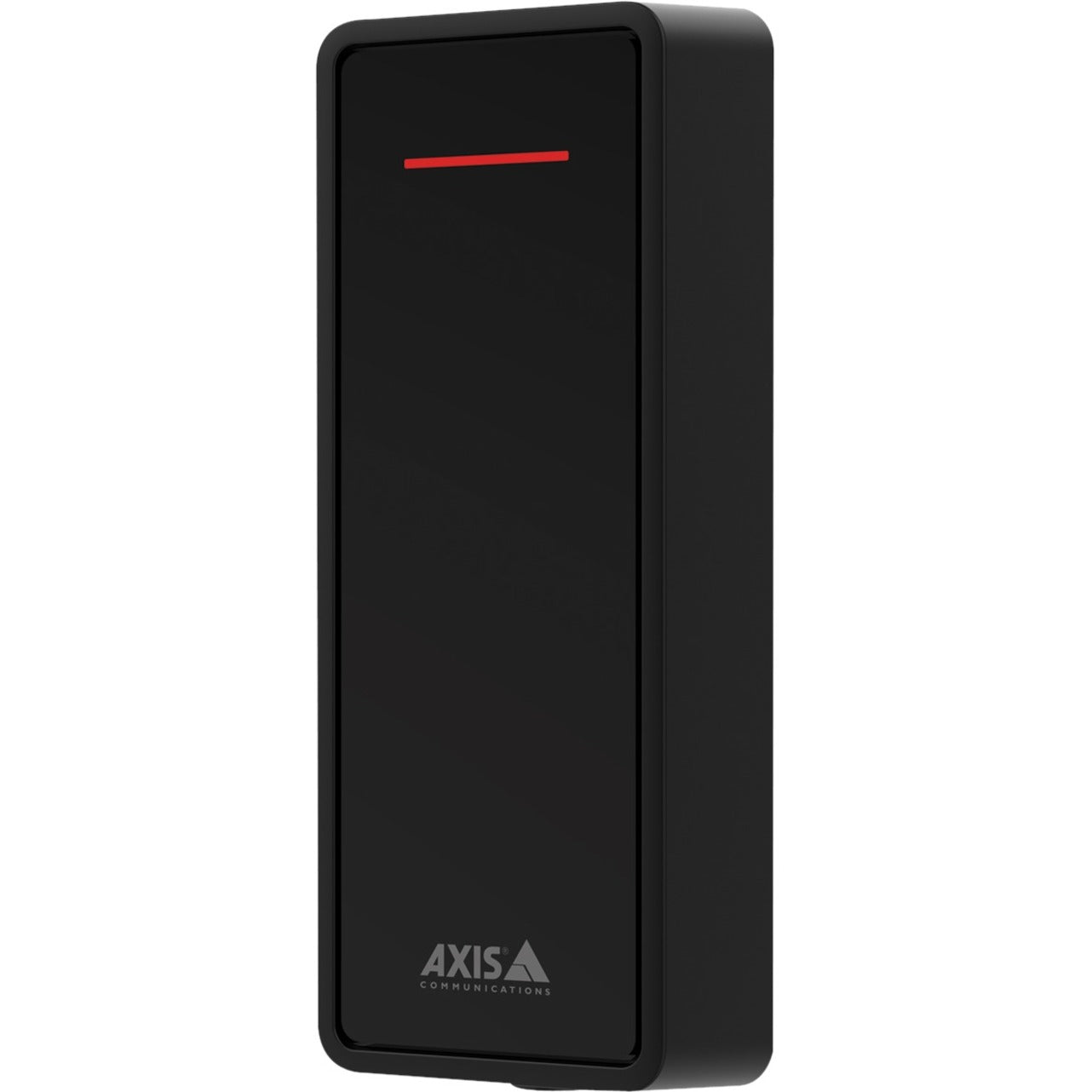 Front view of AXIS A4020-E Reader showing black panel with red LED indicator strip and AXIS logo-alternate-image1