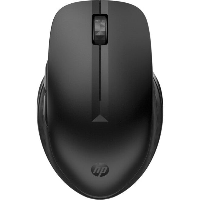 Top view of HP 435 wireless mouse showing sleek black design with centered scroll wheel