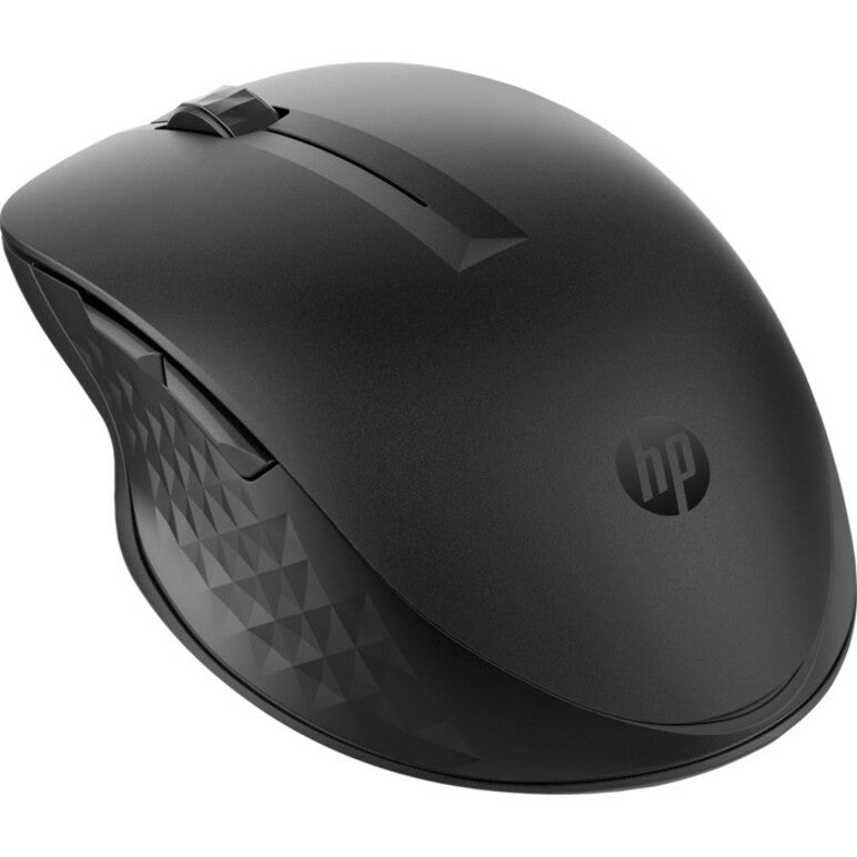 Angular view of HP 435 wireless mouse showing geometric design elements and brand logo