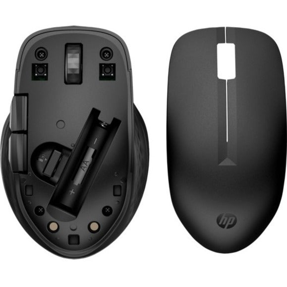 Internal view and top view comparison of HP 435 wireless mouse showing battery compartment and dongle storage