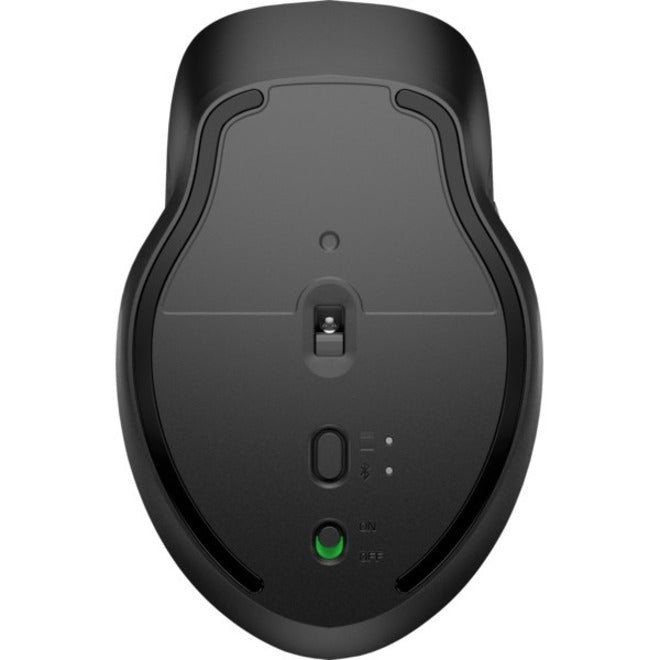 Bottom view of HP 435 wireless mouse showing connection controls and power switch